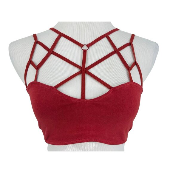 NWT Boutique Strappy Burnt Red Geometric Cutout Cage Front Crop Top Bralette - Picture 2 of 16